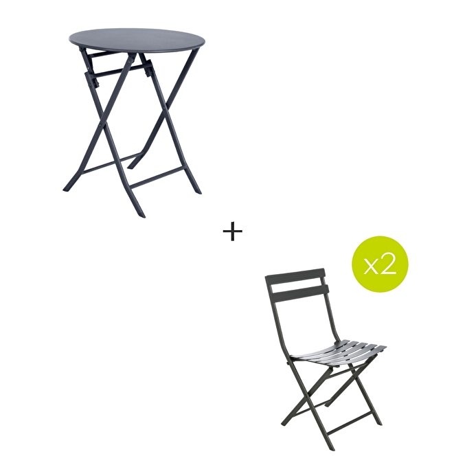 Ensemble table de jardin pliante ronde + 2 chaises GREENSBORO Graphite