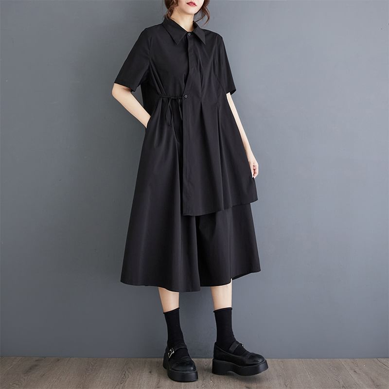 Shinobu - Asymmetrische midi-A-lijn overhemdjurk met korte mouwen