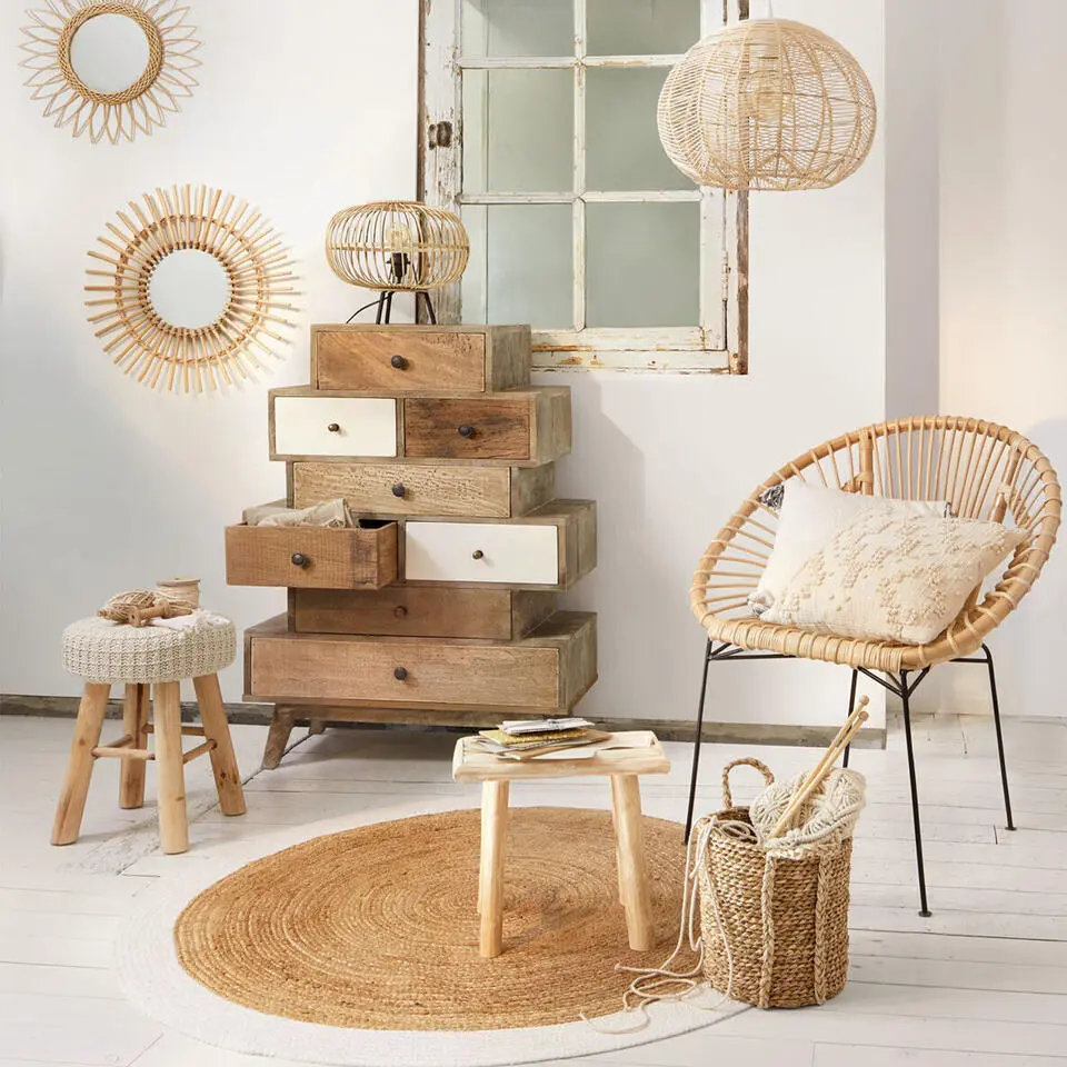 Atmosphera Ribcord krukje - beige - hout/stof - D31 x H43 cm