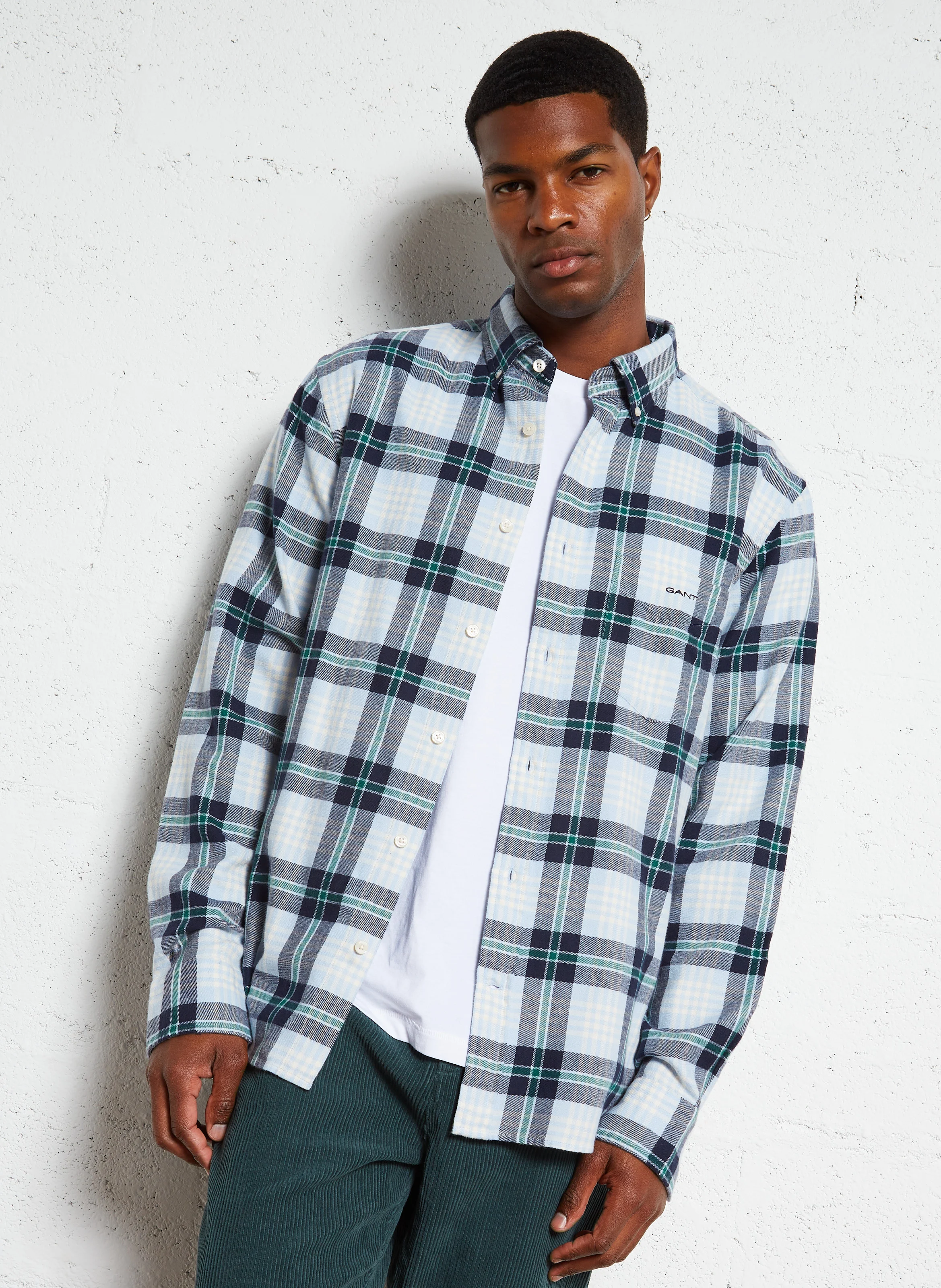 Chemise droite en coton mélangé à carreaux | Bleu