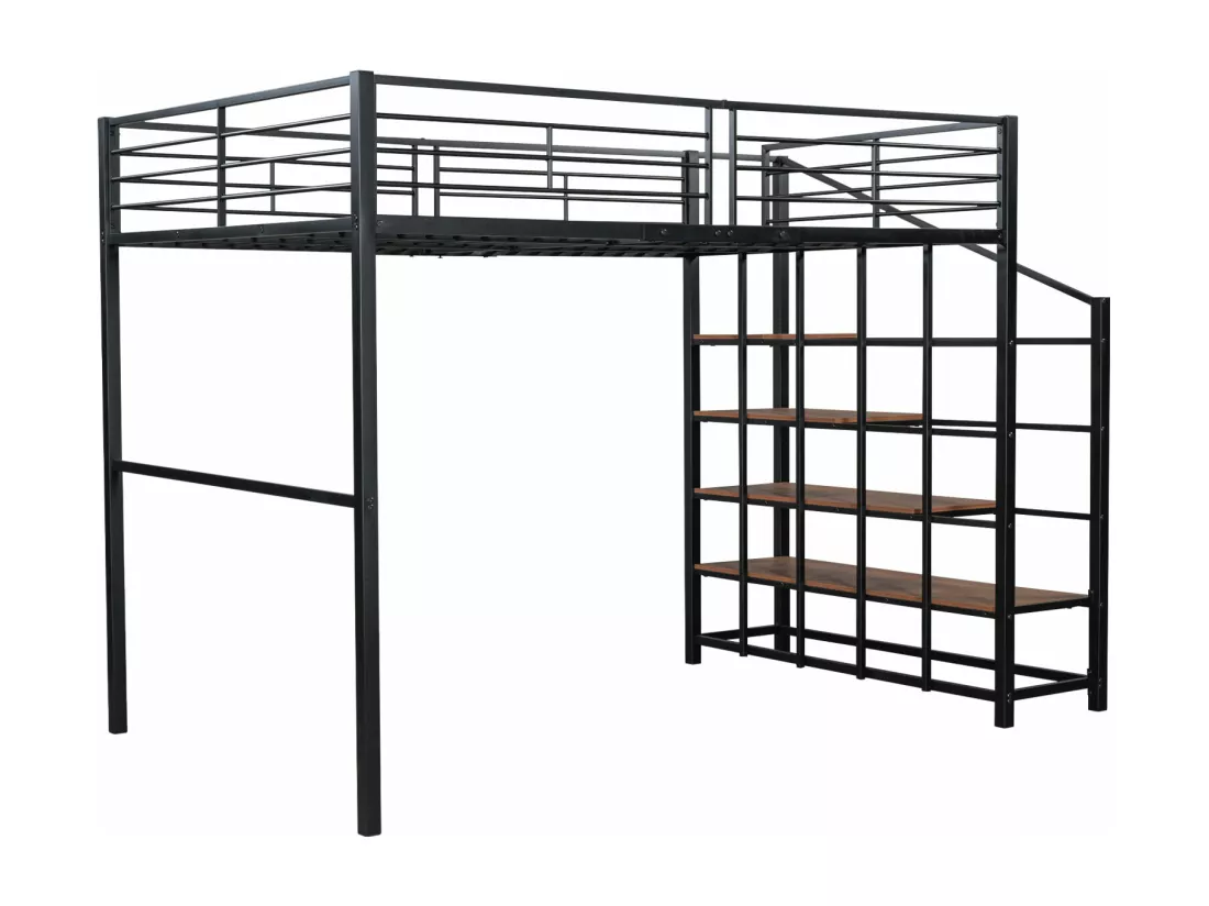 Lit mezzanine 140x200cm en métal - avec étagères et échelle de sécurité - Noir (matelas non inclus)