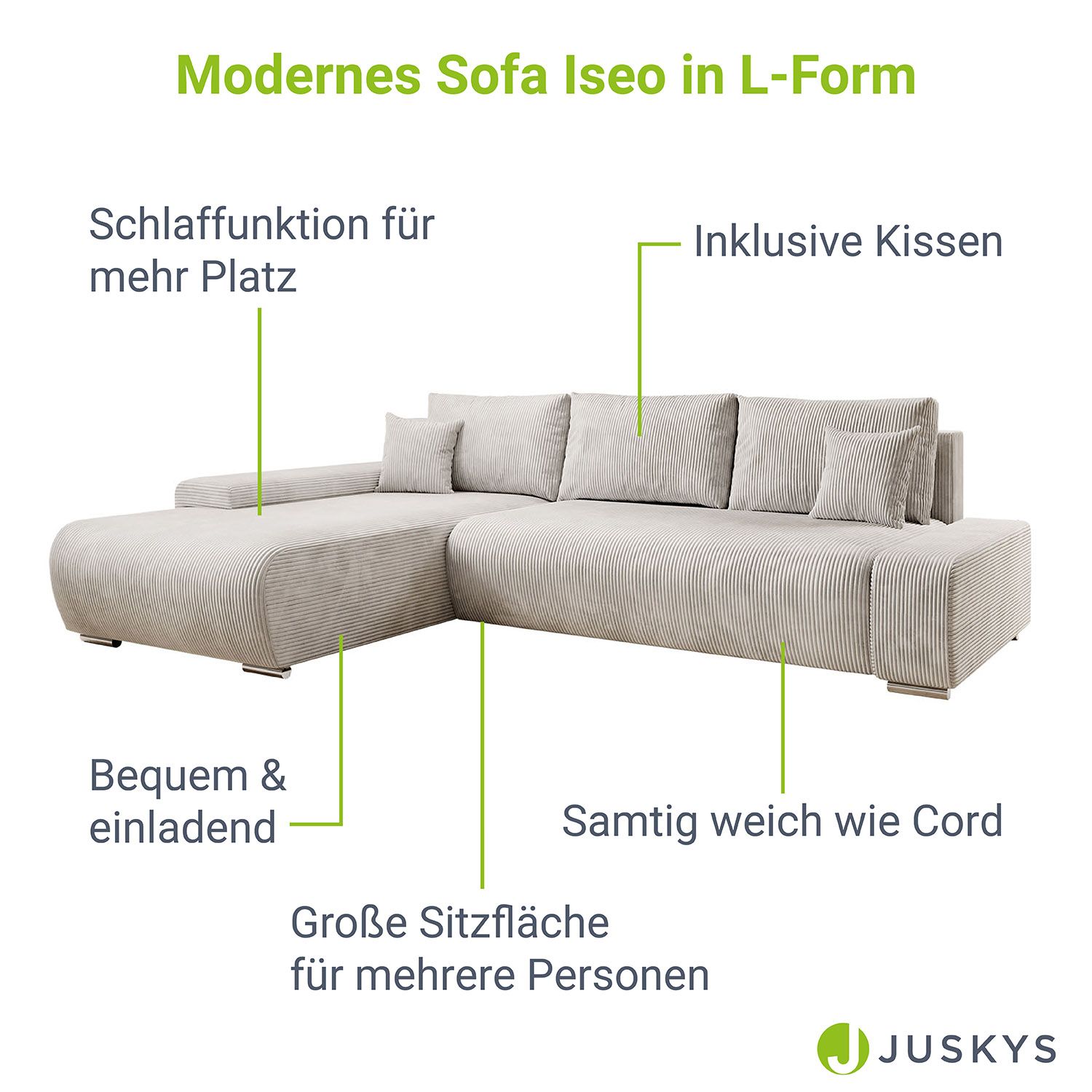 Juskys Sofa Iseo Links mit Schlaffunktion - Stoff Couch L Form für Wohnzimmer - Beige