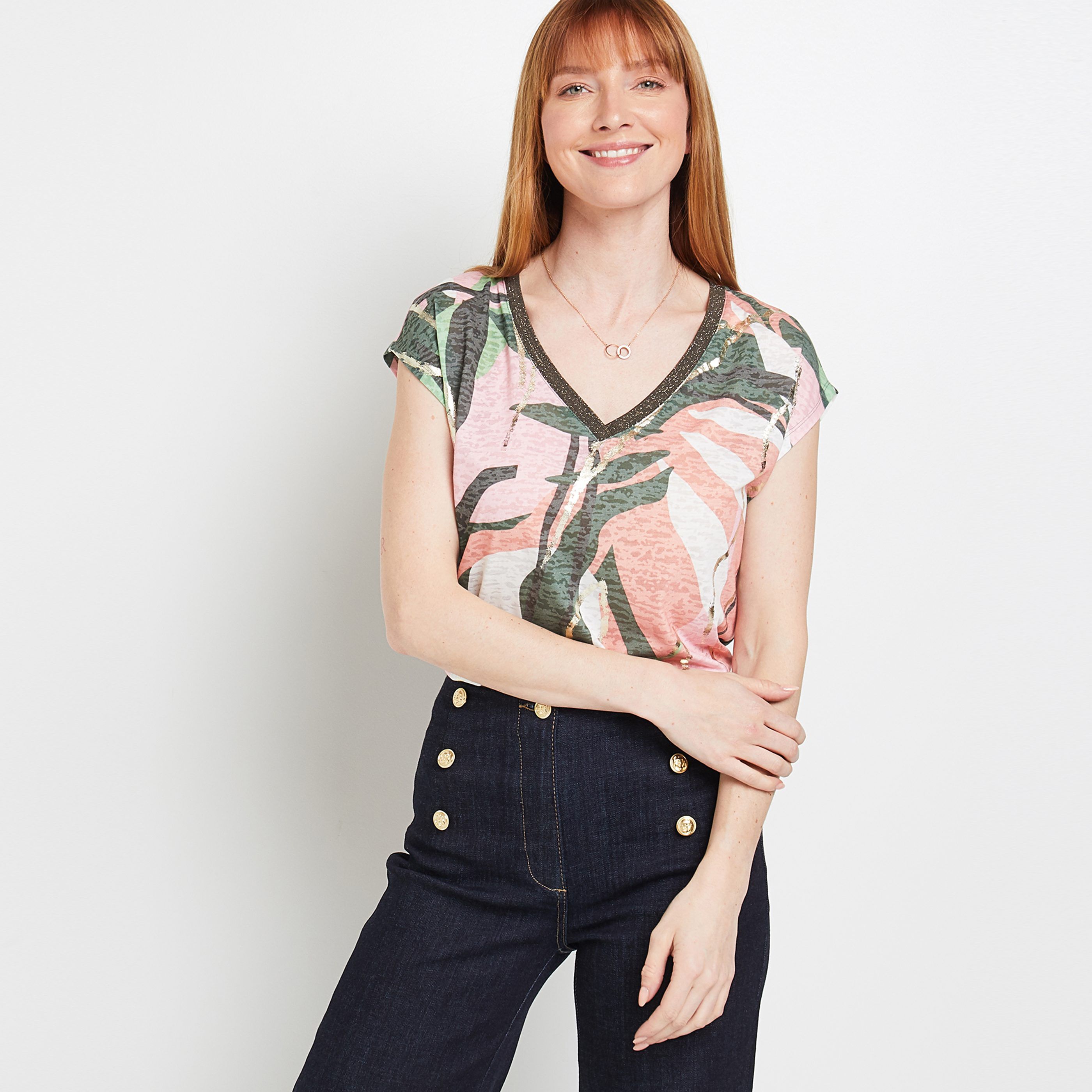 T-Shirt col V femme - KAKI
