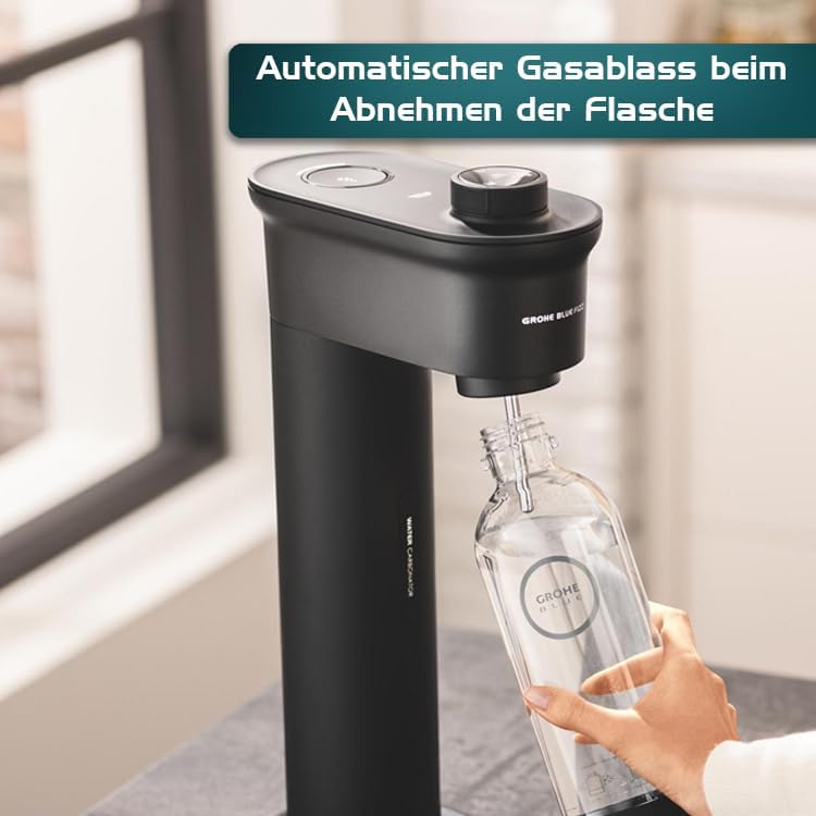 GROHE Blue Fizz, Wassersprudler Starter Set (mit CO2-Füllstandsanzeige, 3 einstellbare Sprudel-Stufen, ohne CO2 Flasche, 1x 0,85l Wasserflasche + Reinigungspulver), schwarz, 31947K00