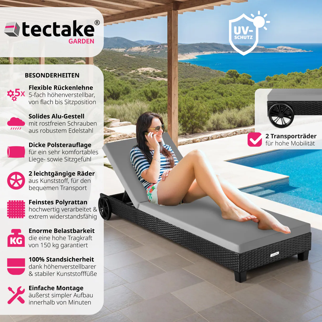 tectake® Rattan Sonnenliege, mit Aluminiumgestell, 5-fach verstellbare Rückenlehne, Belastbarkeit 150 kg, 66 x 185 x 24,5 cm