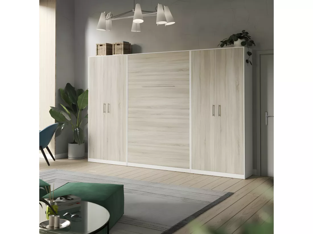 Lit escamotable +2 Placards Vertical 140x200+(80x2)cm Lit Rabattable Lit Mural Standard Blanc /Chêne Sonoma