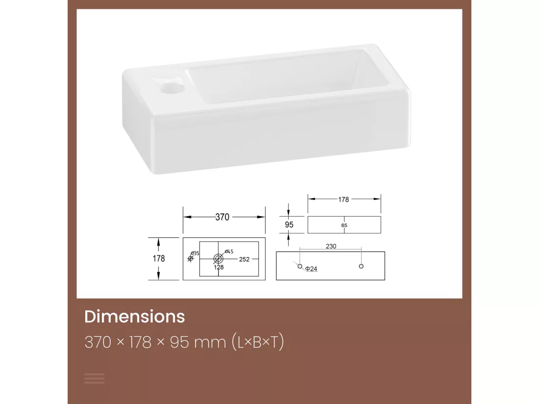 EMKE Lavabo Mural pour Salle de Bain 365 x 180 x 90 mm, Vasque Rectangulaire en Céramique, Trou de Robinet à Droite, Blanc Brillant