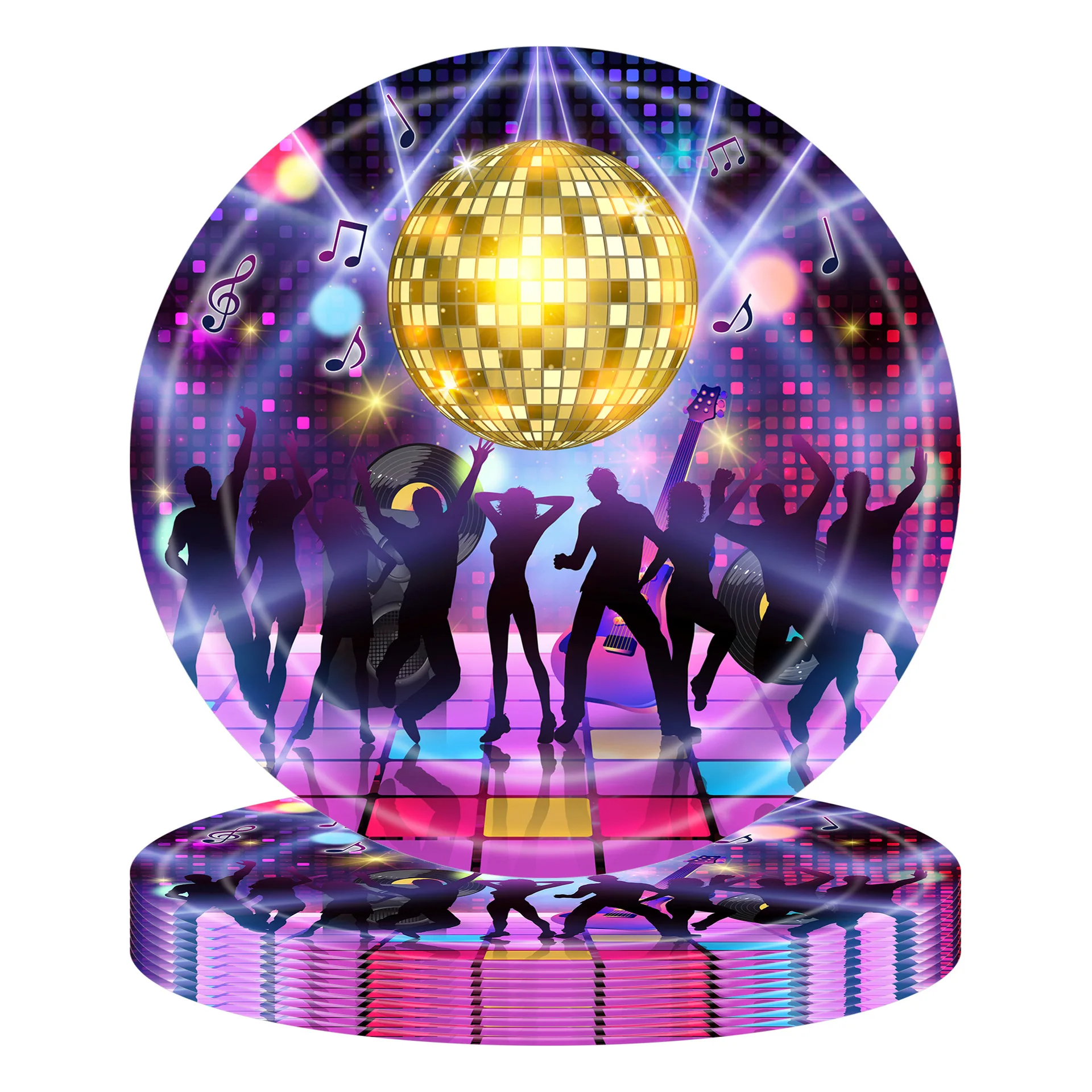 (112-tlg. Set) Einweg Geschirr Retro Disco Party Tisch Deko inkl. Teller / Servietten / Besteck / Papp Becher - Lets Boogie