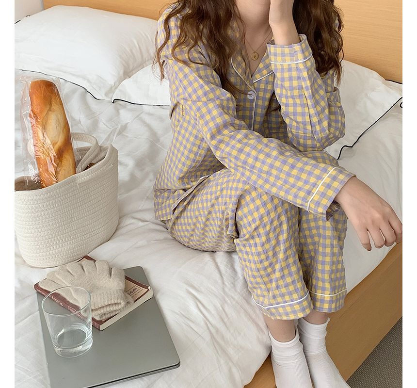 Siensien - Pyjamaset: geruite top met lange mouwen + broek + hoofdband