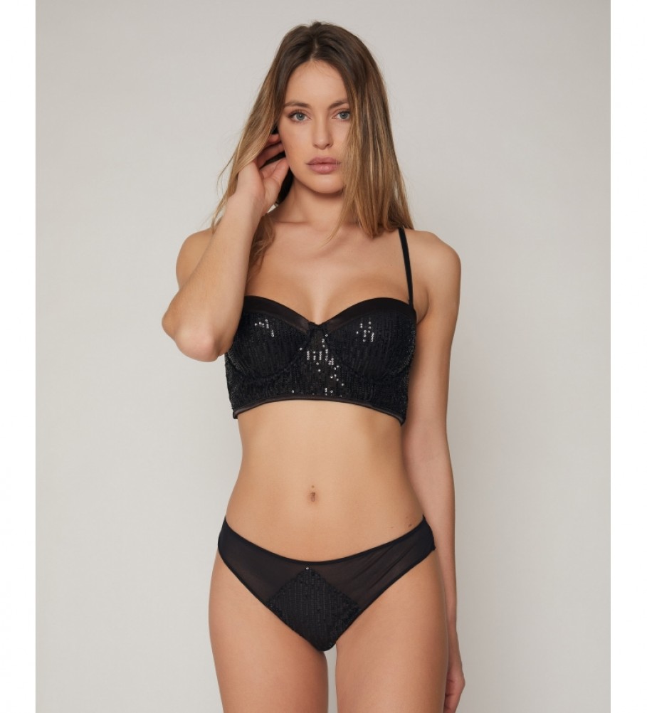 Conjunto Admas Carioca de espartilho e calcinha com lantejoulas na cor preta.