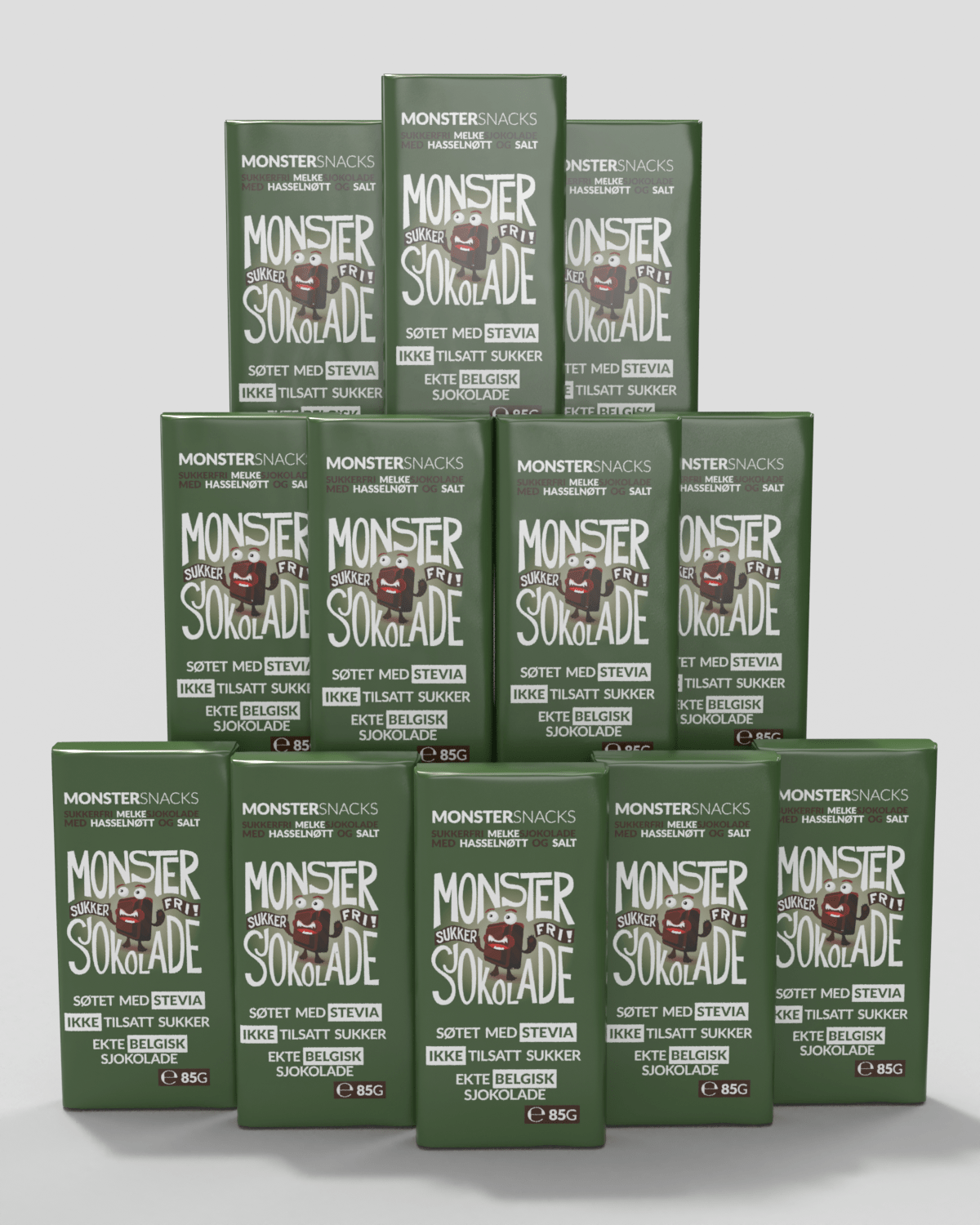 Monster Sukkerfri Belgisk Stevia Melkesjokolade - Hasselnøtt &amp; Salt 12x85g - PAKKETILBUD