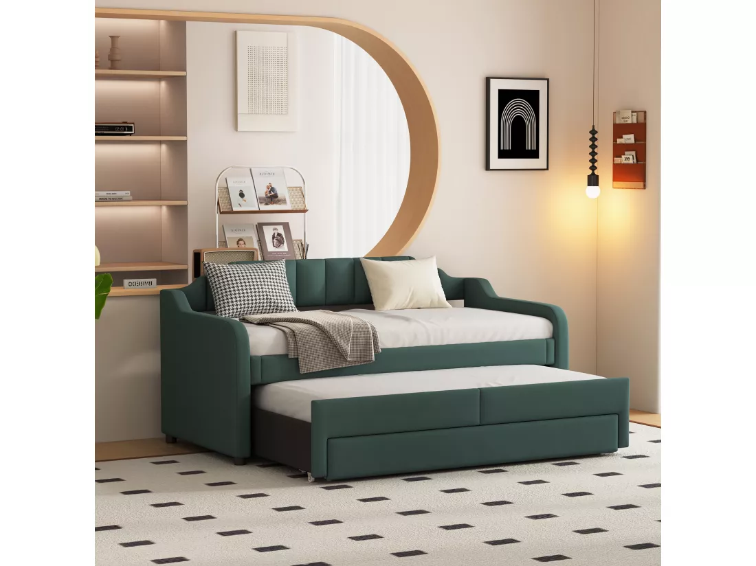 Lit banquette avec tiroirs rembourré en lin - 90x200cm + 90x190cm - Vert Sapin