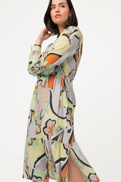 Kleid, grafisches Muster, Hemdkragen, Langarm