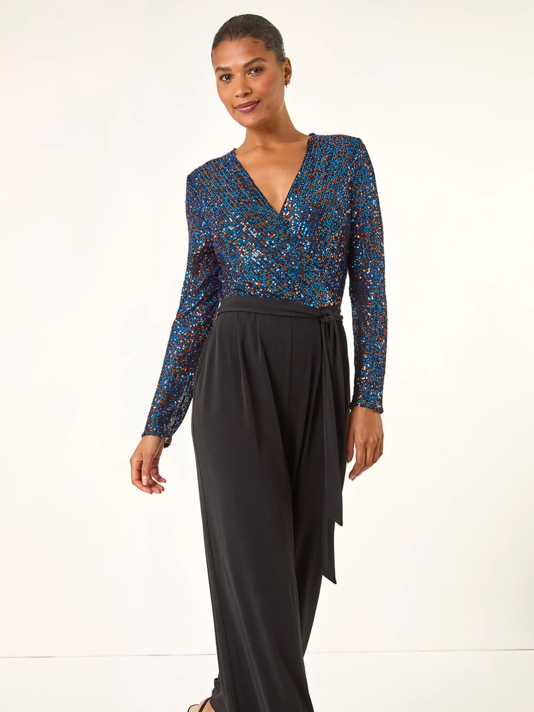 Blauw - Roman Pailletten wikkel V-hals stretchy Jumpsuit