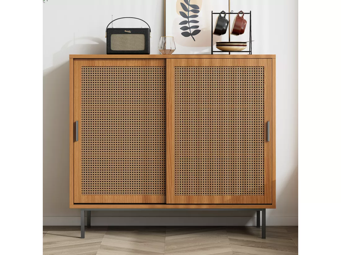 URBAN MEUBLE Buffet effet bois 2 portes coulissantes en rotin L100/H90/P37cm