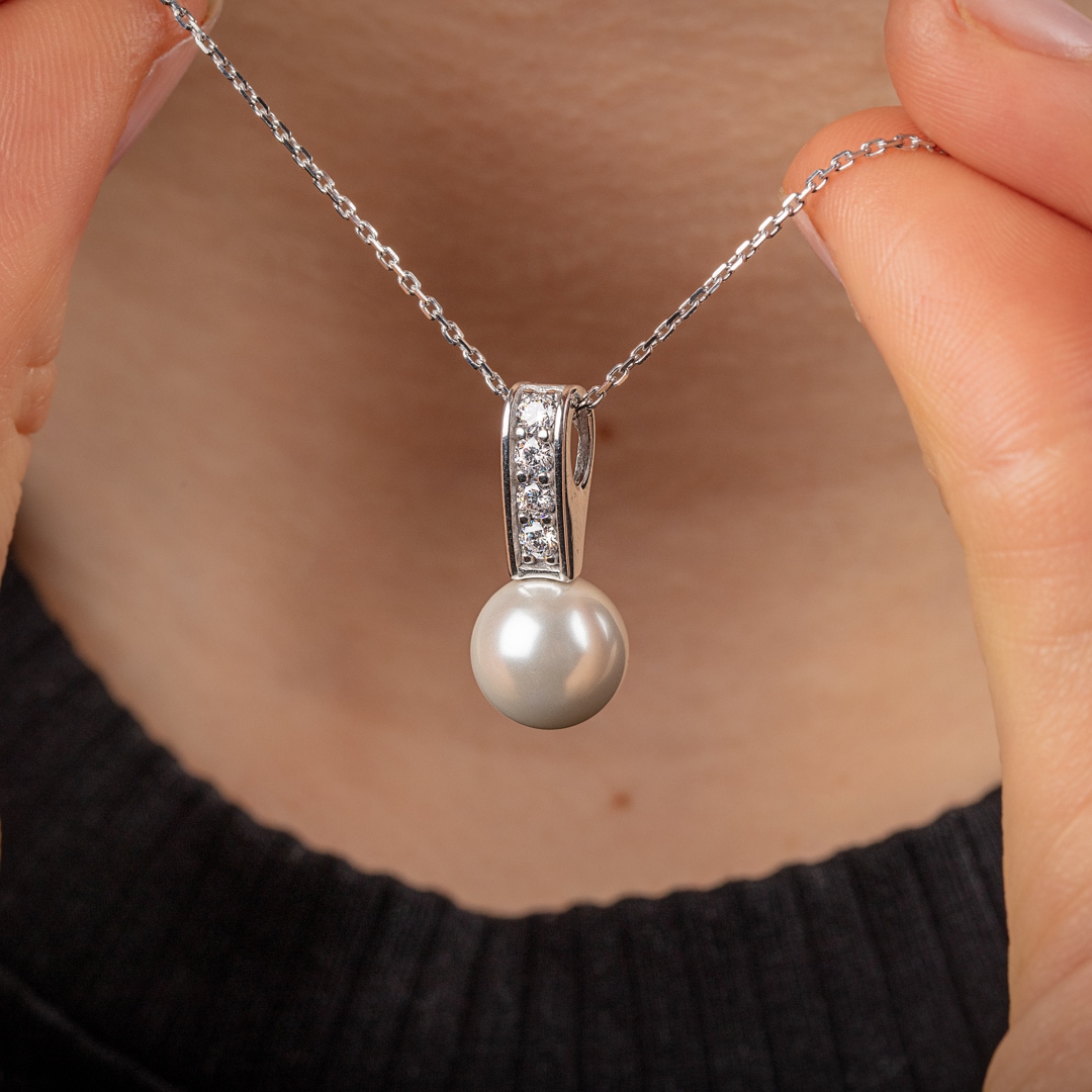 Collier mit Anhänger 925 Silber rhodiniert mit Kunstperle 10mm & Zirkonia