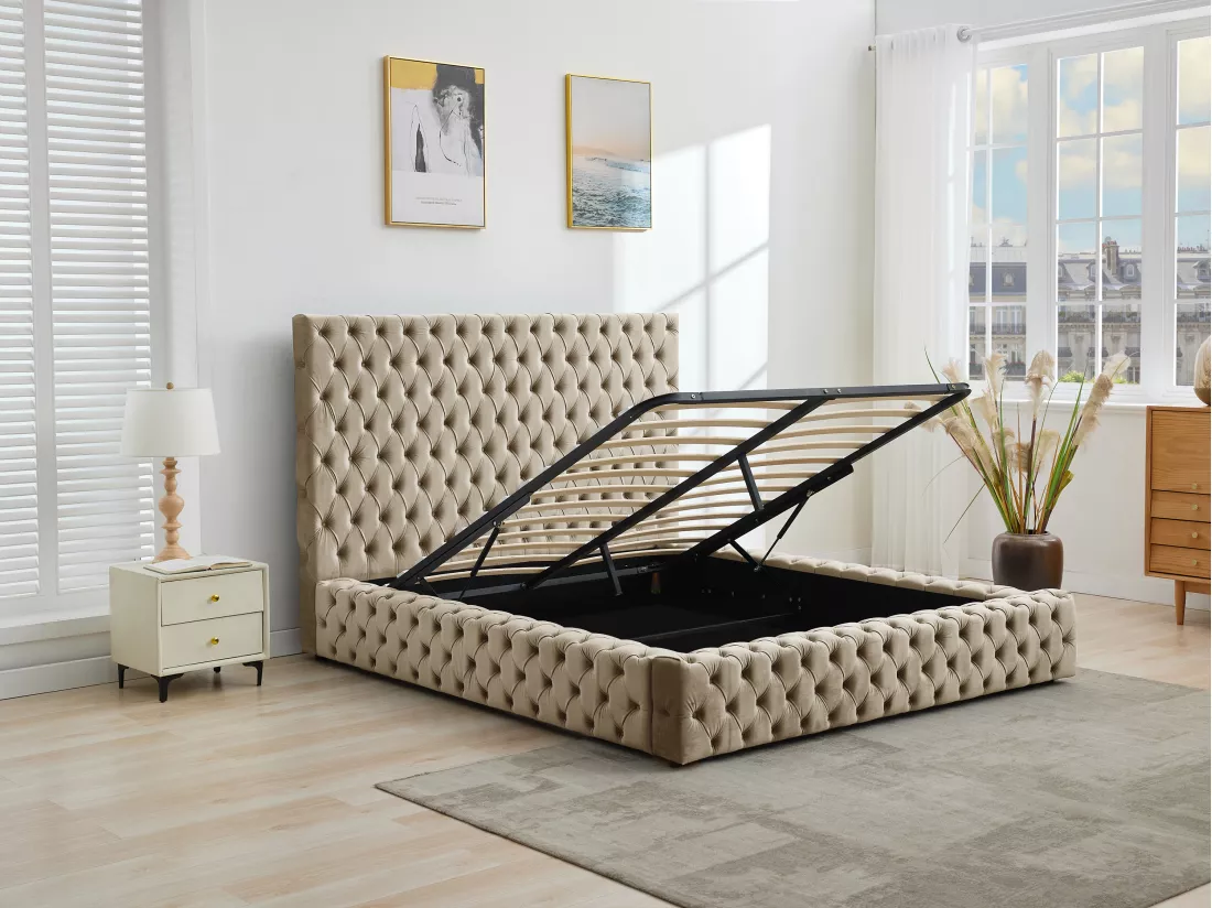 Lit coffre chesterfield 180 x 200 cm - Velours - Taupe - DULENI