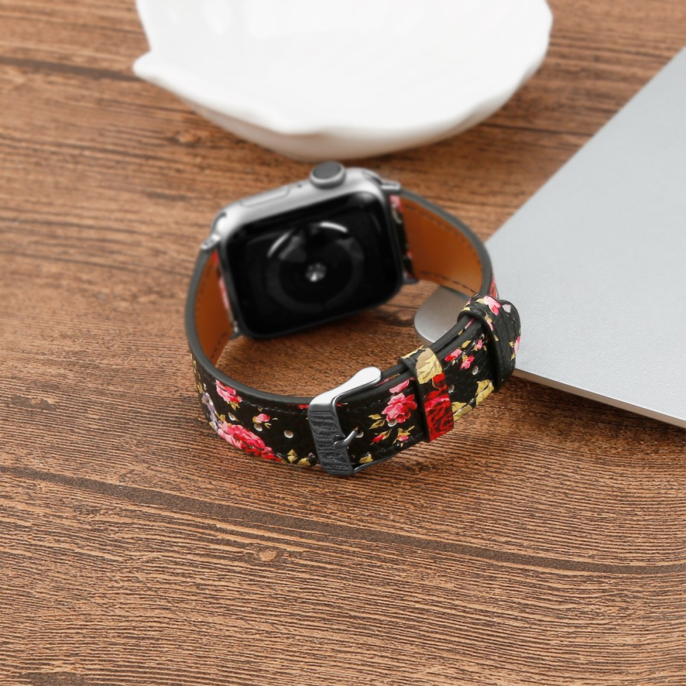 Apple Watch (42/41/40/38 mm) Ersatz Echtleder Armband (Gelenkumfang: 165-220mm) - Pinke Blumen