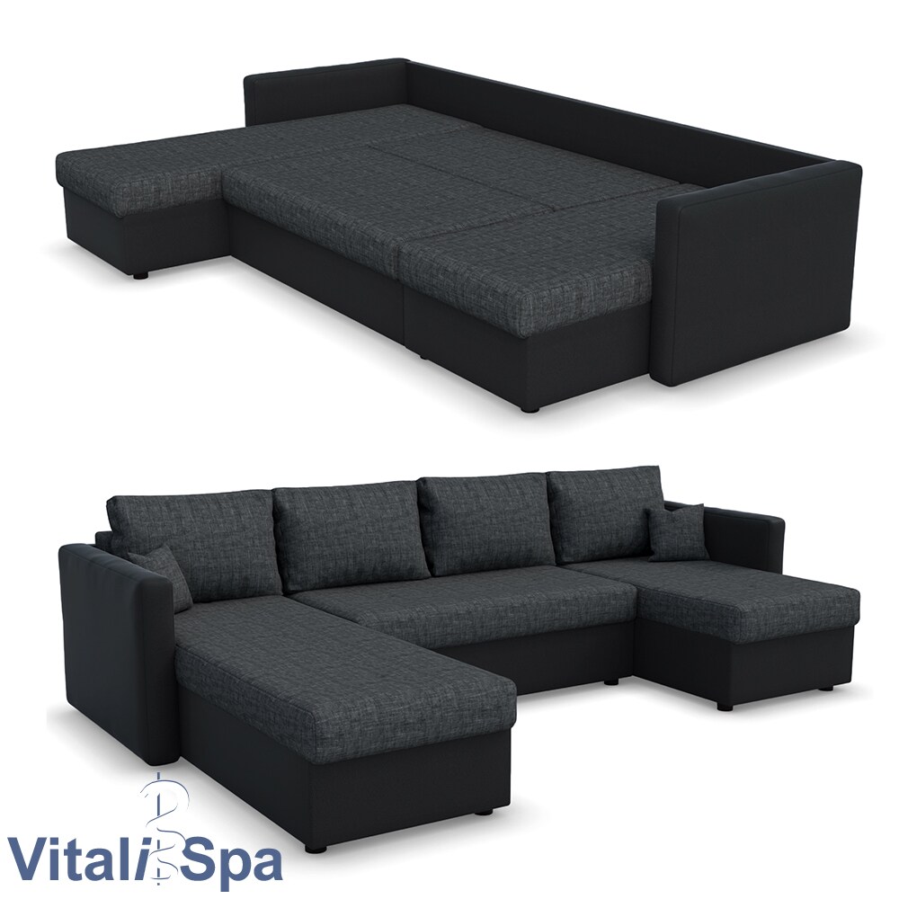 VICCO XXL Ecksofa mit Schlaffunktion Schwarz - Couch Ecksofa Schlafsofa Taschenfederkern Polstereck