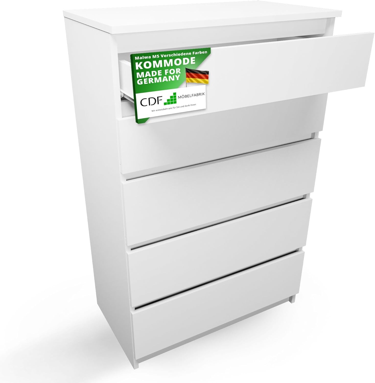 CDF Kommode Weiß mit 5 Schubladen 109 cm Hoch Sideboard Schmale Komode Schlafzimmerkommode für Flur Büro Schlafzimmer Wohnzimmer Schubladenschrank Regal mit Schubladen Schrank Modernes Möbelstück