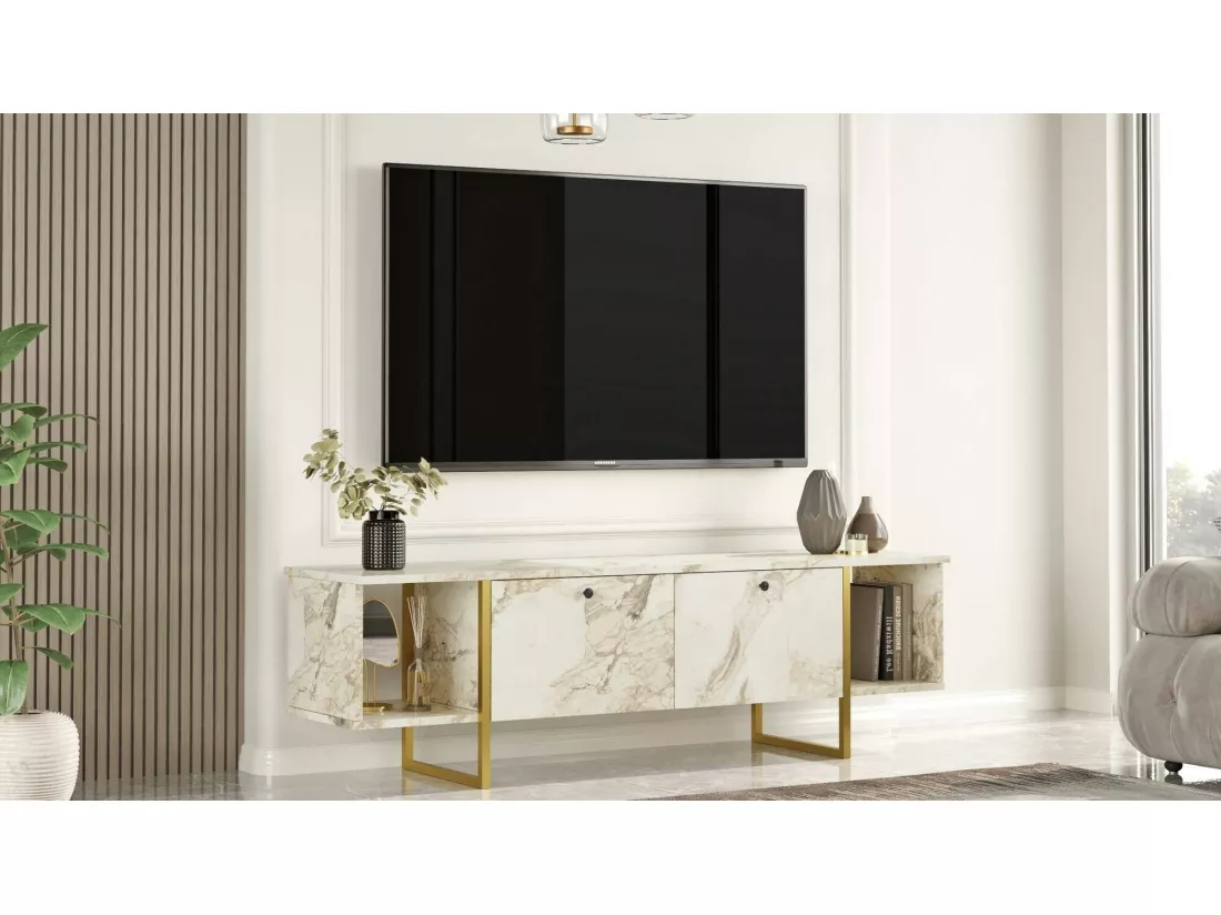 Meuble TV Arneb, Buffet de salon, Armoire basse pour TV, Base murale de rangement, 160x40h48 cm, Blanc et Or