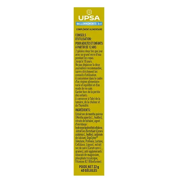 UPSA Ballonements & gaz 3 en 1 Made in France - confort intestinal - 40 gélules