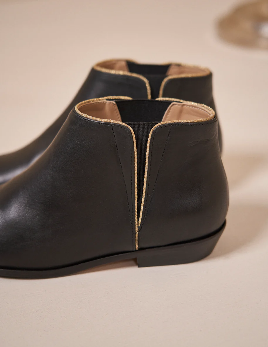 Bottines plates Jeanne B - Cuir noir et doré
