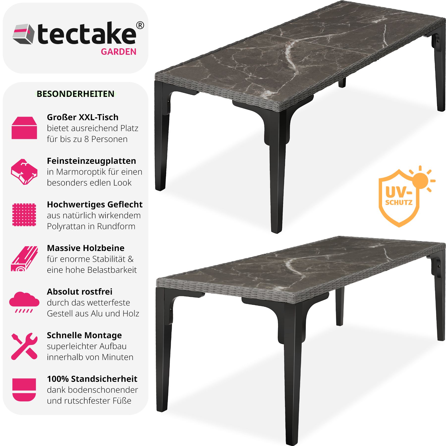 tectake® Rattan Tisch, mit Aluminium- und Holzgestell, wetterfest und UV-beständig, 196 x 87 x 76 cm