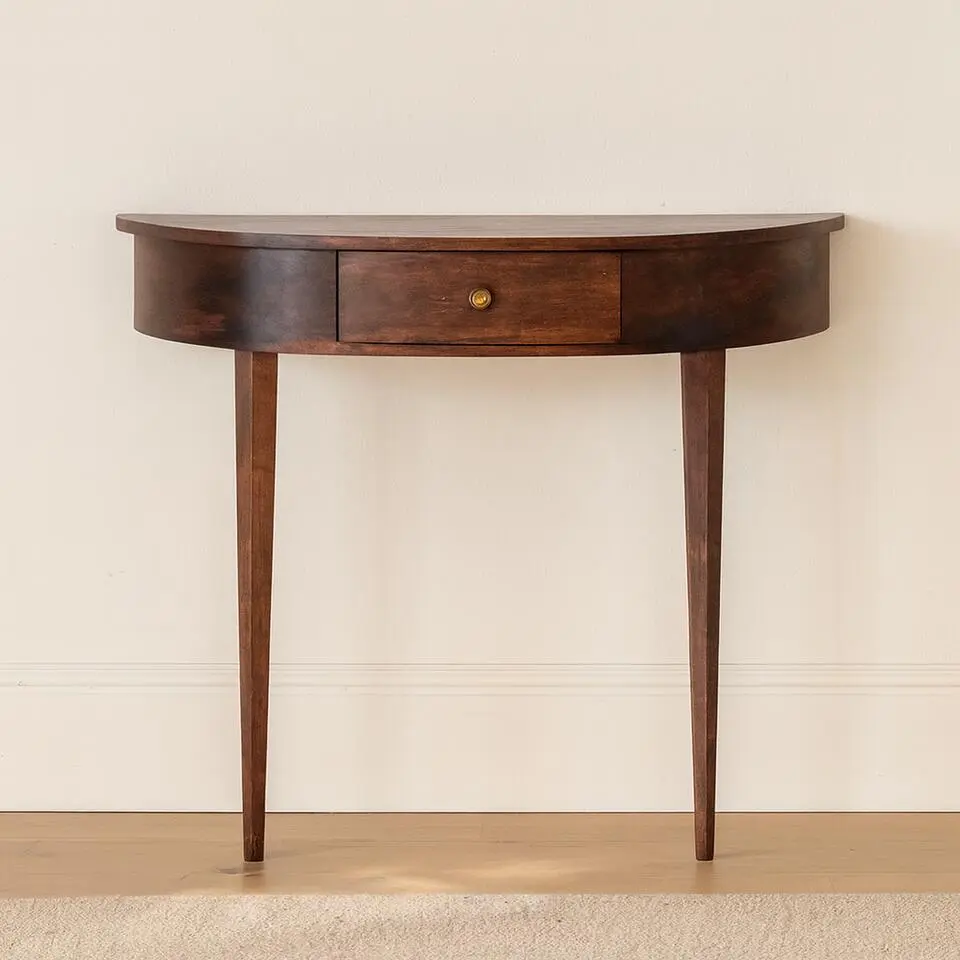 Wandgemonteerde kastanjehouten console zonder rugleuning, 1 lade, bruin