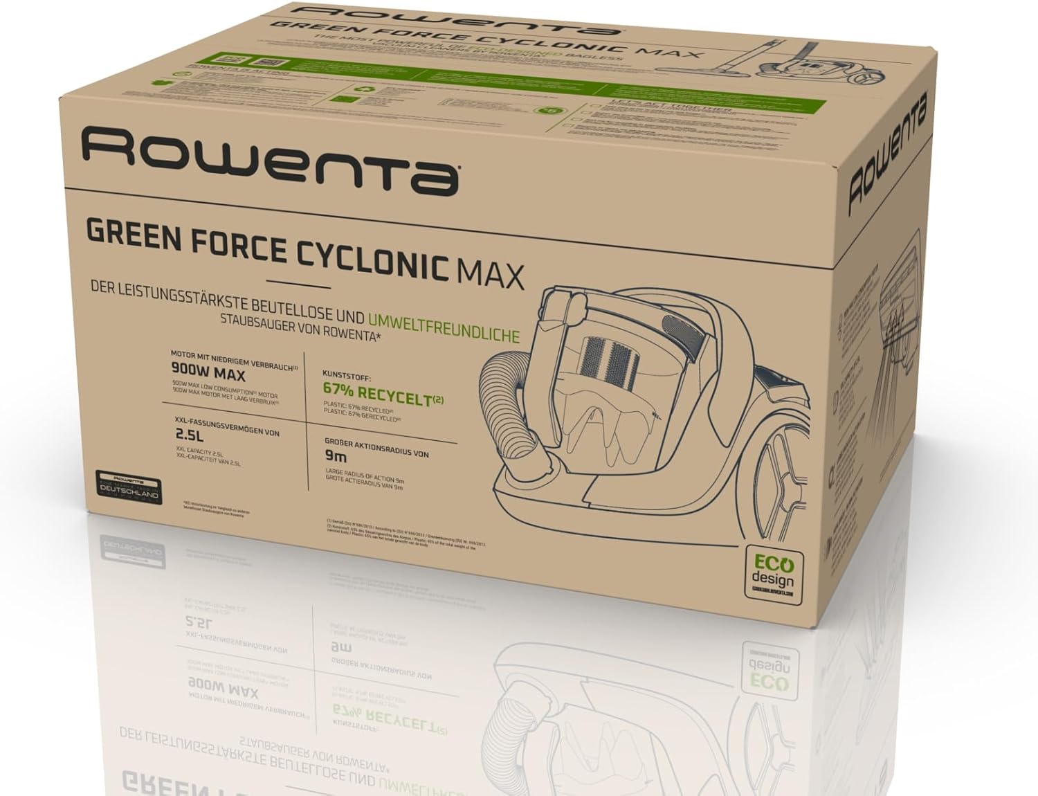 Rowenta Green Force Cyclonic Max Bodenstaubsauger ohne Beutel, 900 Watt Motor, 73 Dezibel, 2,5 Liter Fassungsvermögen, 9 m Reinigungsradius, Öko-Design, Schwarz-Grün, RO7B12