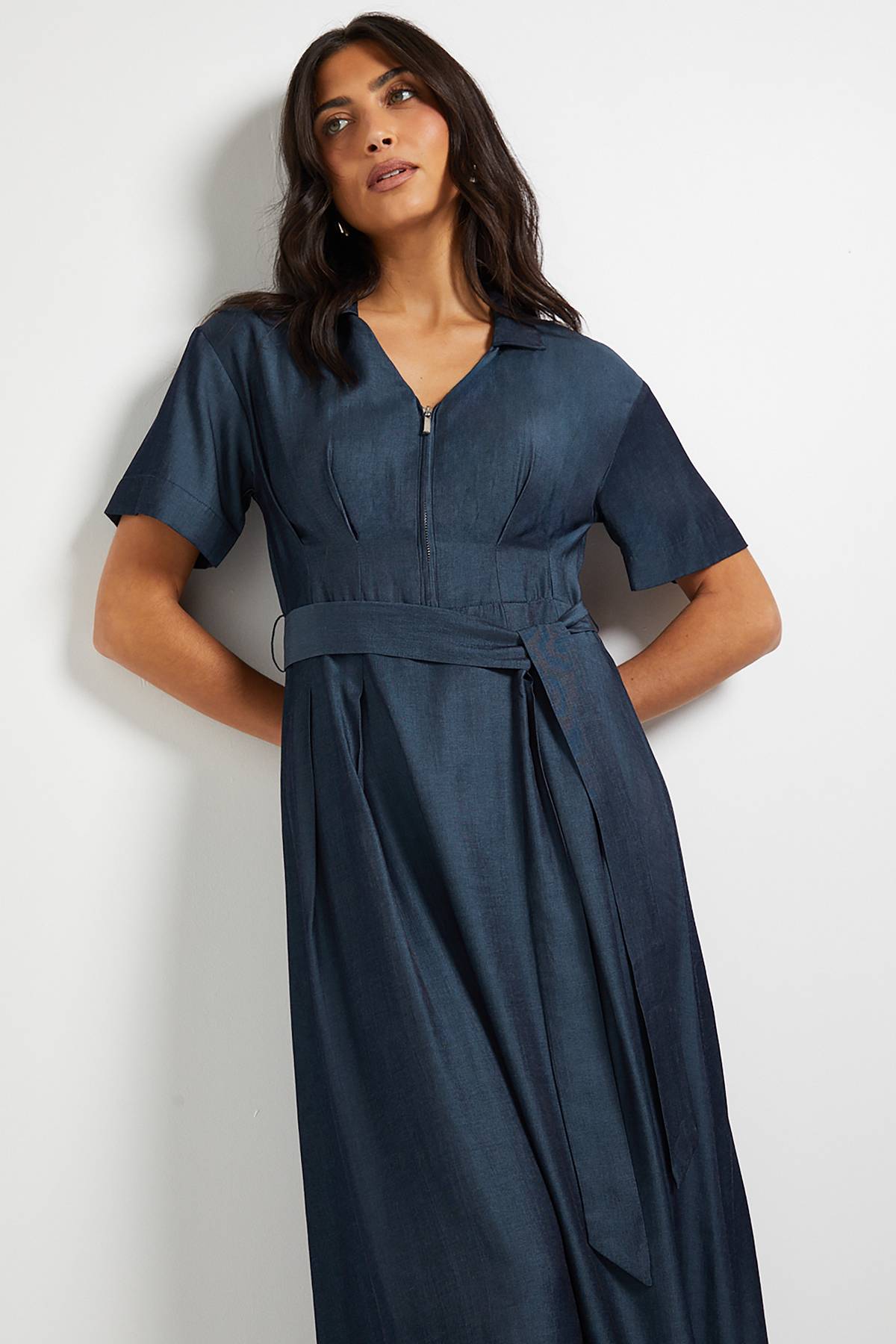Wallis Robe Midi Ceinturée à Zip Style Denim