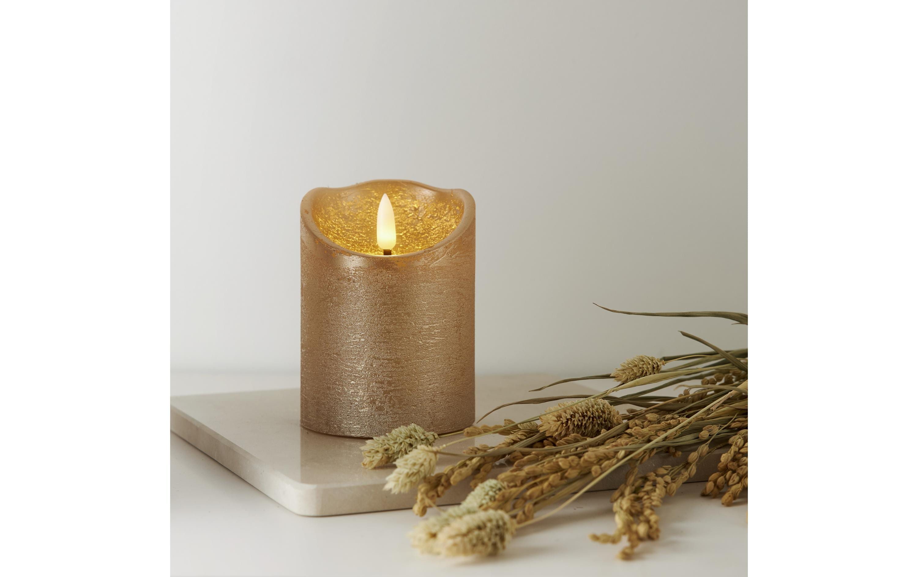 (10cm) Echtwachs LED Pillar Kerze Home Deko Stimmungsleuchte Flamme Rustic (061-19) - Gold