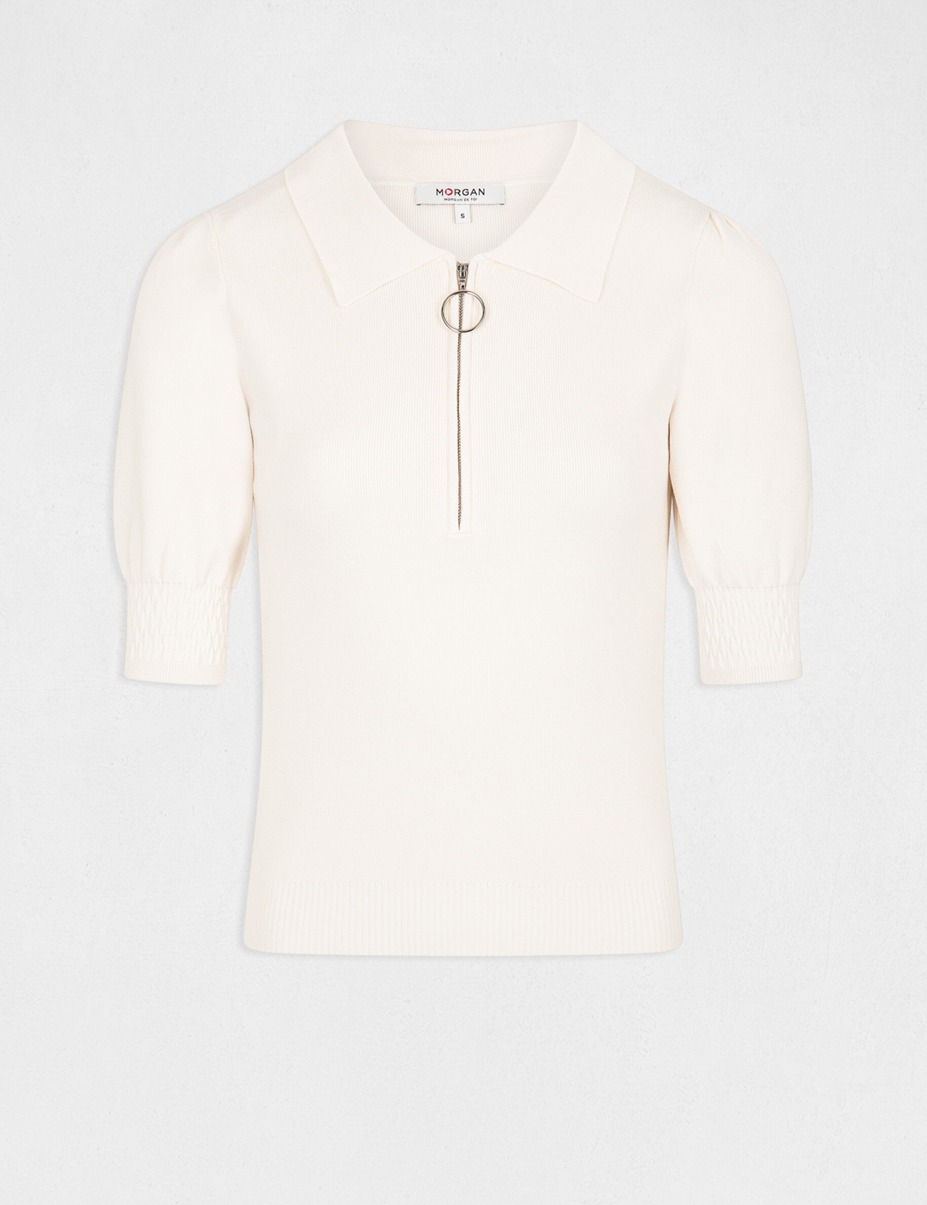 Pull manches courtes à col polo ivoire femme - ivoire