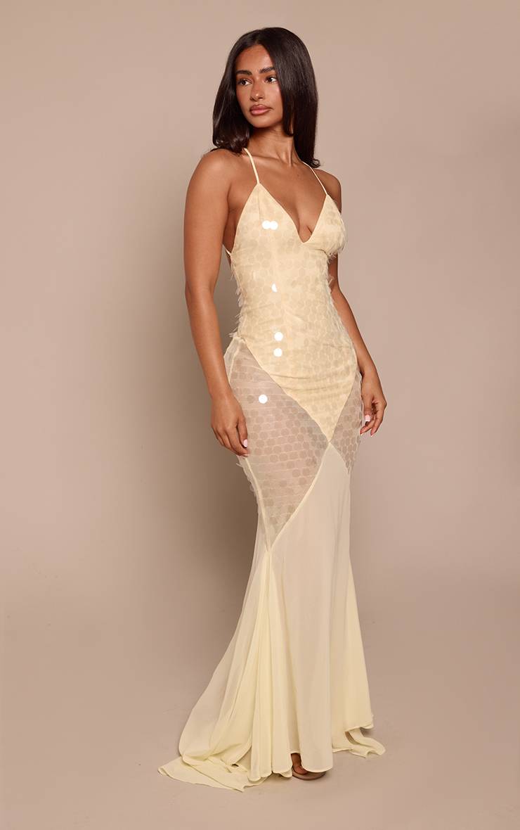 Butter Yellow Robe Longue Petite Taille À Col V En Mousseline Avec Buste À Sequins Citron Et Bas Sirène