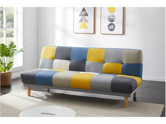 Canapé 3 places convertible clic-clac en tissu MARDAG - Patchwork gris, bleu, jaune