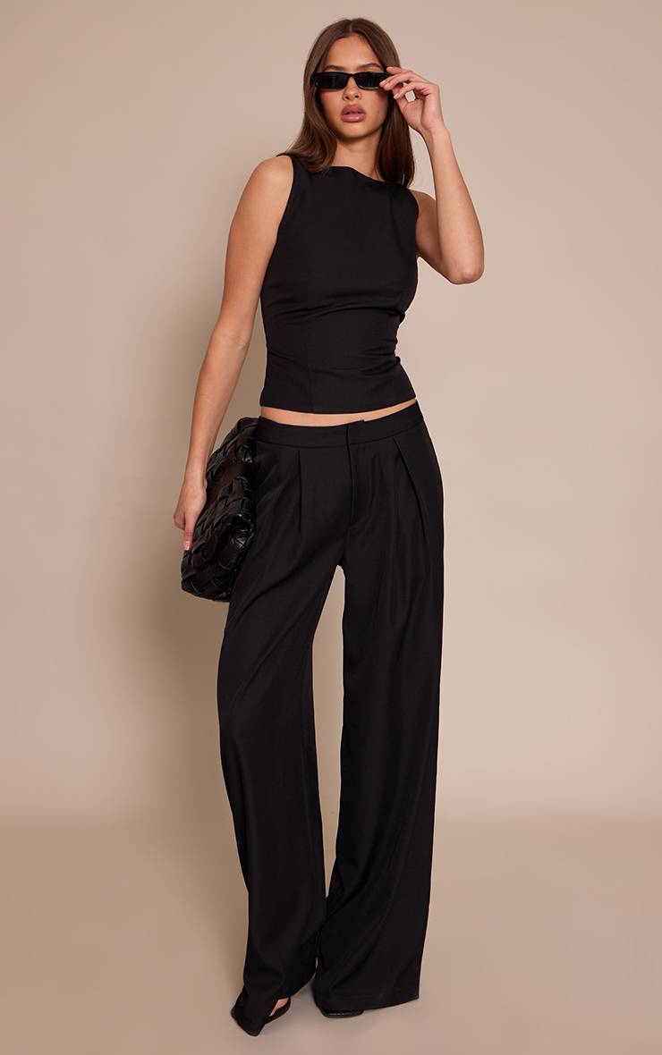 Noir Pantalon Large Taille Mi-haute Tissé Ajusté