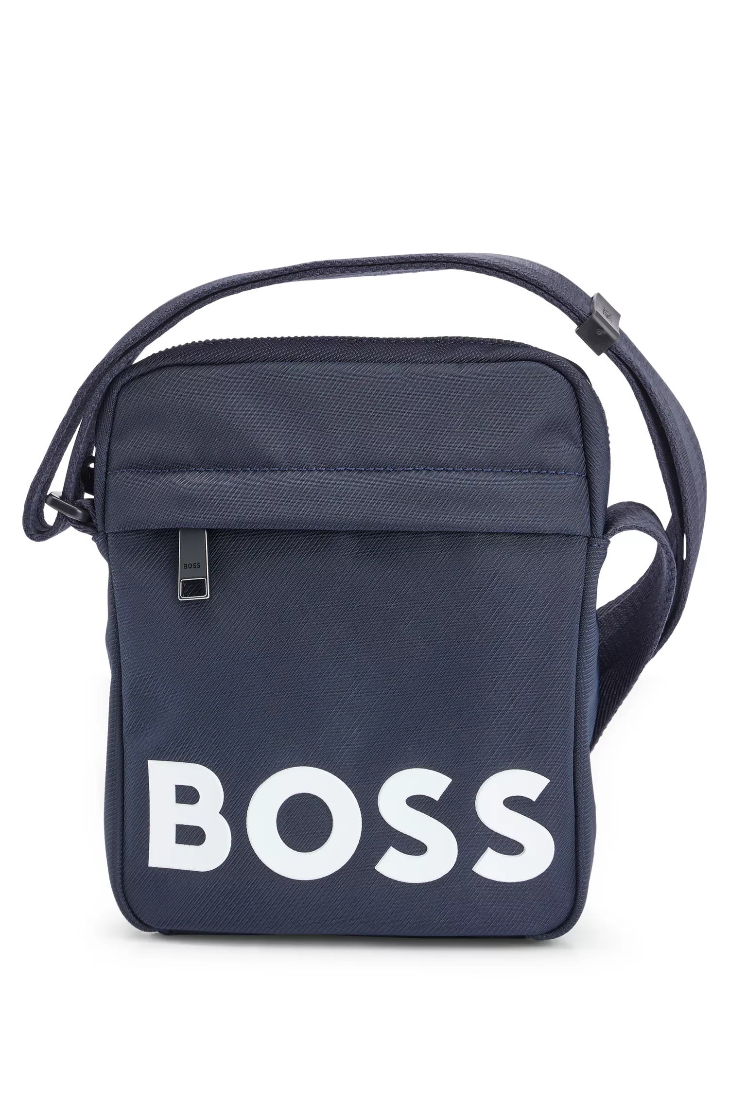 Bolsa para repórter BOSS em material estruturado preto com logotipo contrastante.