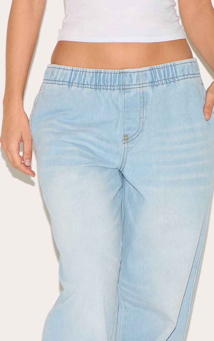 Light Blue Wash Jean Jambe Large À Taille Élastiquée