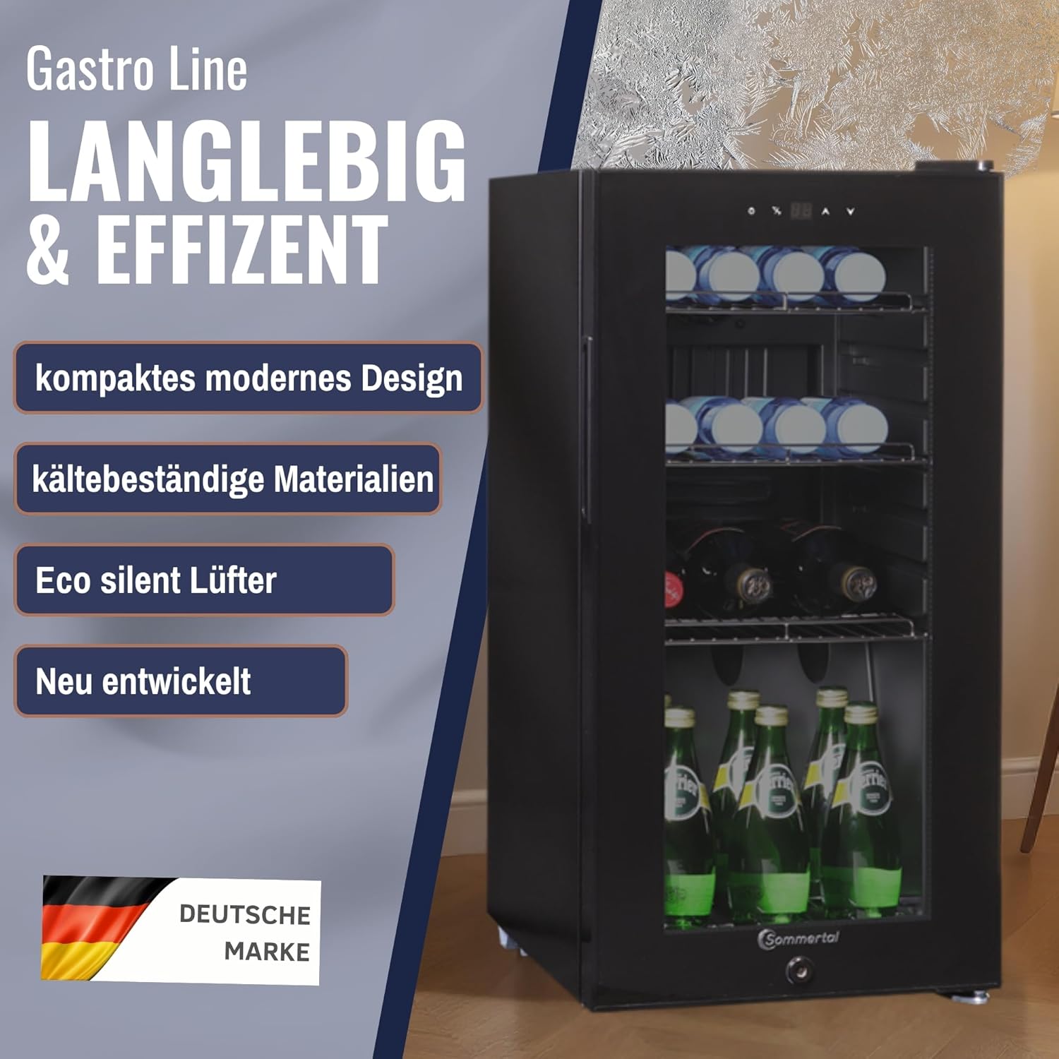 Kühlschrank mit Glastür GK50– Leiser Getränkekühlschrank mit LED, Touchscreen & Schloss kleiner Flaschenkühlschrank schwarz 50L