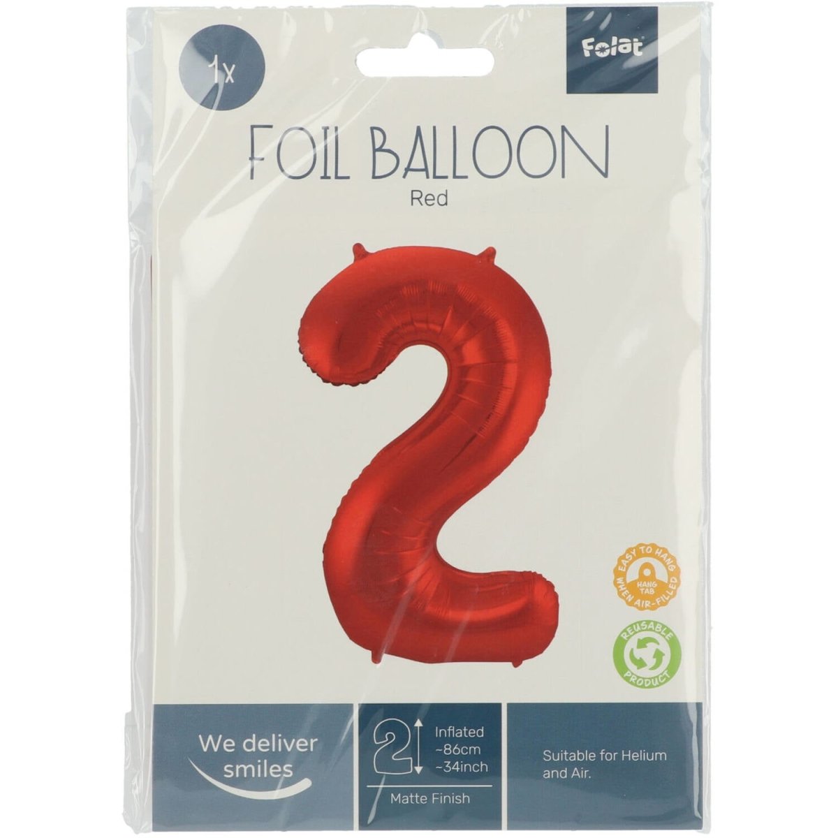 Folie Ballon Cijfer 2 Mat Rood XL 86cm leeg