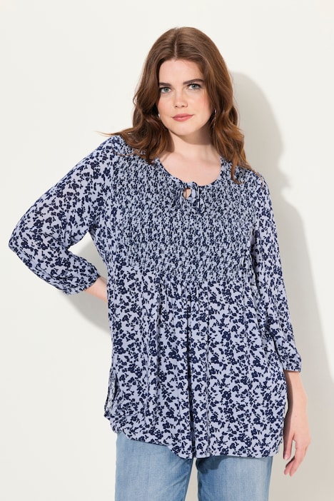 Smokbluse, Blüten, A-Linie, Rundhals, 3/4-Arm