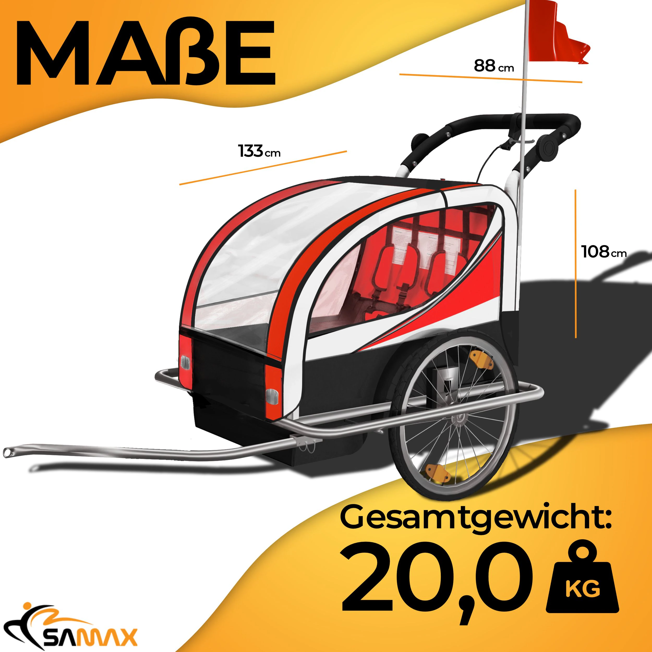 SAMAX 360° drehbarer Fahrradanhänger 2in1 Jogger - in Rot - Silver Frame