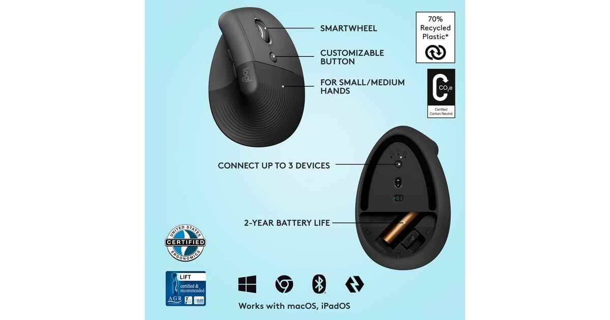 LogitechLift Vertical Ergonomische Muis - Rechtshandig  (Grafiet/zwart, 4000 dpi, Bluetooth)