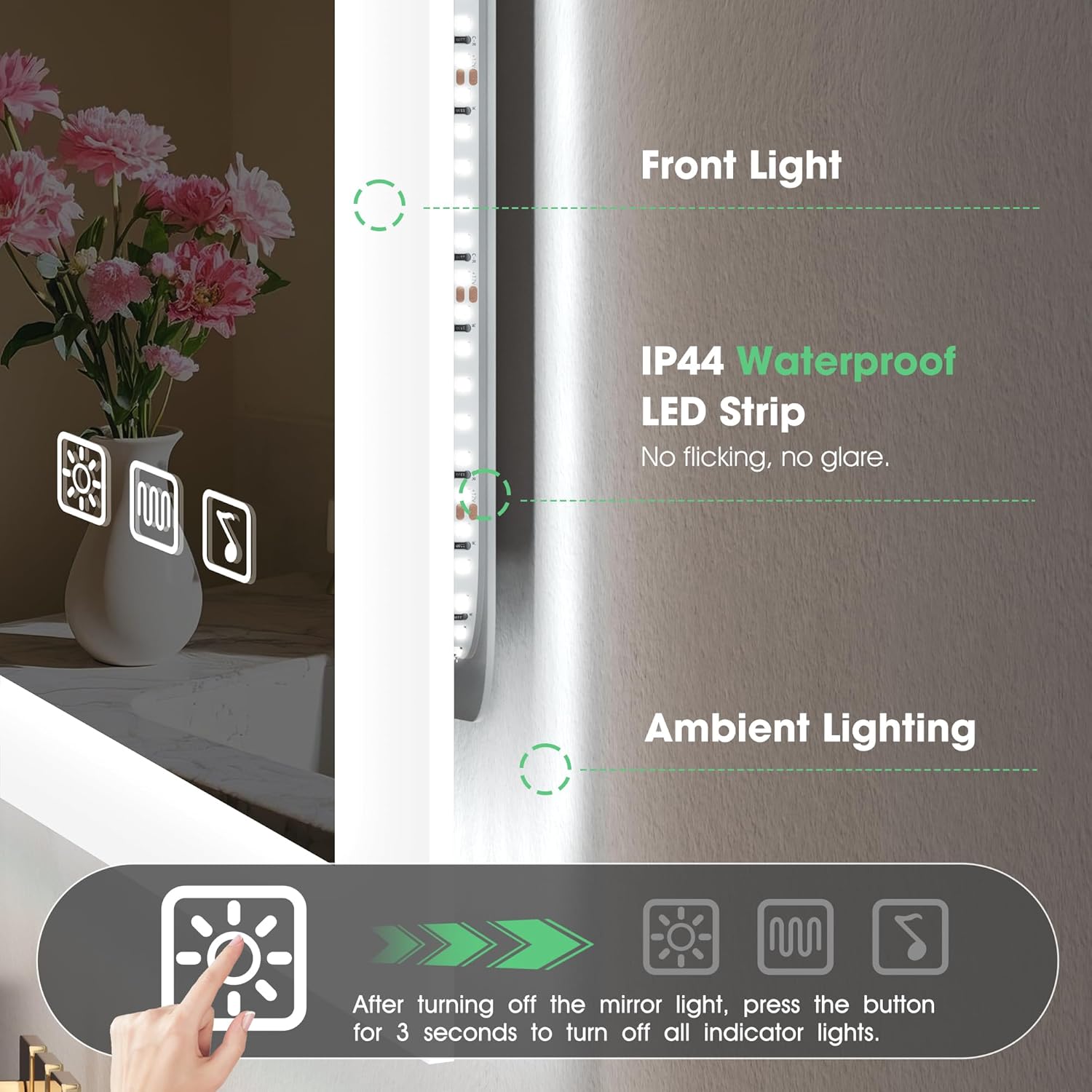 S'bagno Badezimmer-Spiegel-mit-Beleuchtung 80x80cm, LED-Badspiegel-mit-Beleuchtung, Bluetooth, Entfoggen, 3 Farben, Dimmbar, Speicherfunktion, Gehärtetes Glas, IP44 Wasserdicht, Horizontal/Vertikal