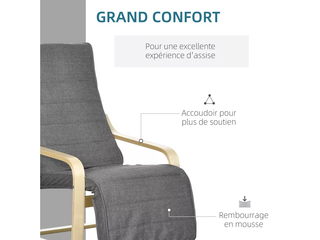Fauteuil style nordique - repose-pied réglable - déhoussable - bois de bouleau tissu gris