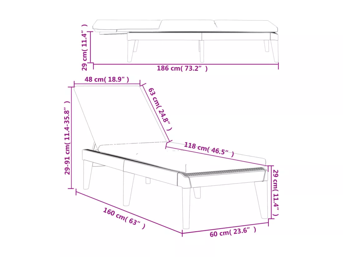 Chaise longue avec coussin blanc 186x60x29 cm PP