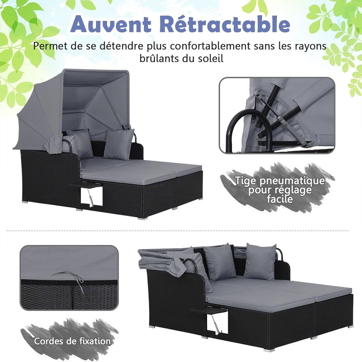 Chaise Longue à 2 Places en Rotin avec Auvent Rétractable Bain de Soleil avec Panneaux Latéraux Pliables Charge 360KG Beige/Gris - Lidl-Manfred
