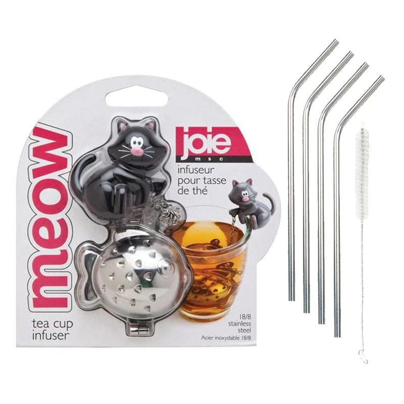 Boule à thé chat-poisson + 4 pailles en inox Youdoit