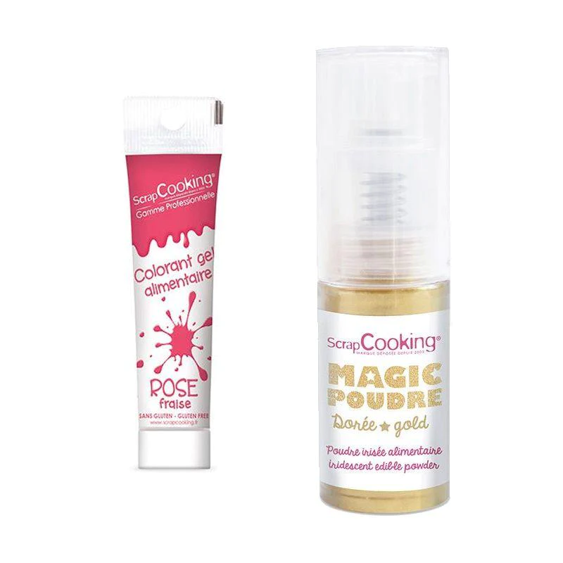 Colorant alimentaire en gel rose foncé + Poudre alimentaire irisée dor