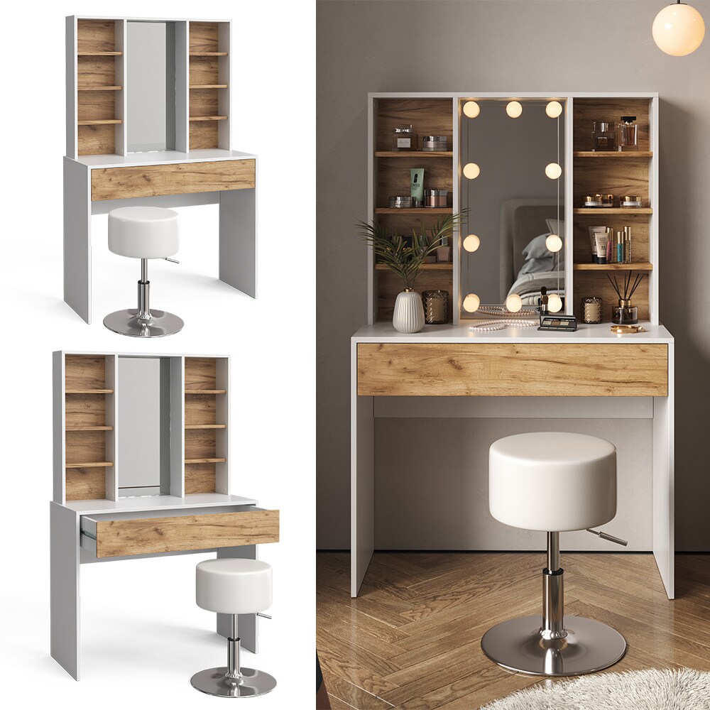 Vicco Schminktisch Alexa 93 x 147 cm Weiß Eiche, Hocker, Frisiertisch, modern